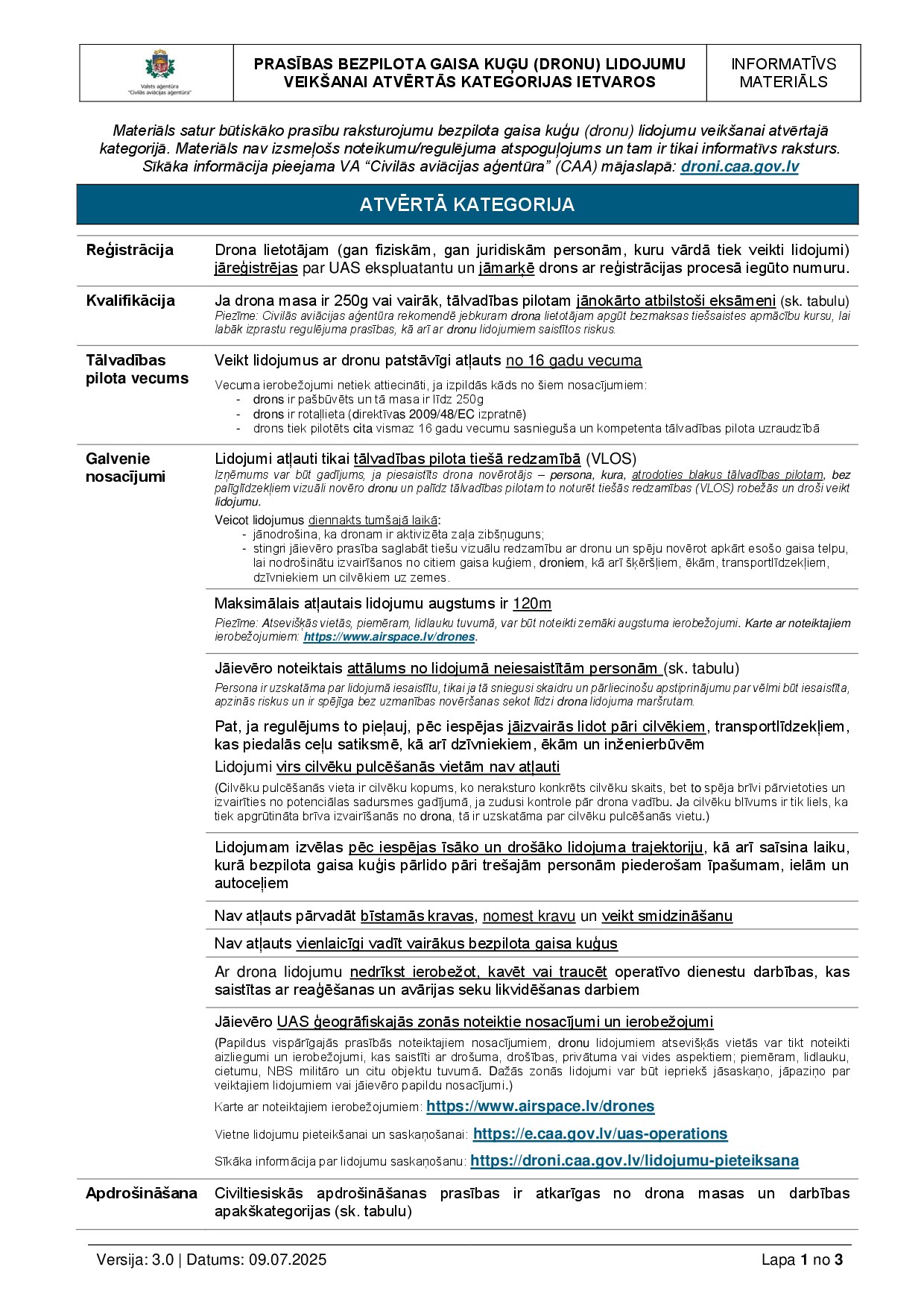 Būtiskākās prasības dronu izmantošanai atvērtajā kategorijā